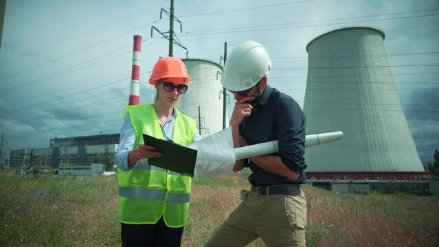 constructor inspect high voltage construction on power plant