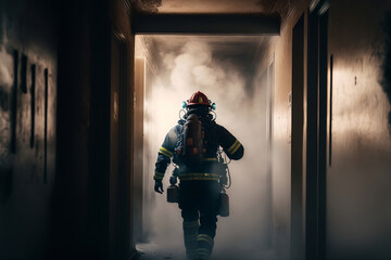 Fototapeta na wymiar Sapeur pompier dans un couloir d'immeuble avec de la fumée - illustration ia