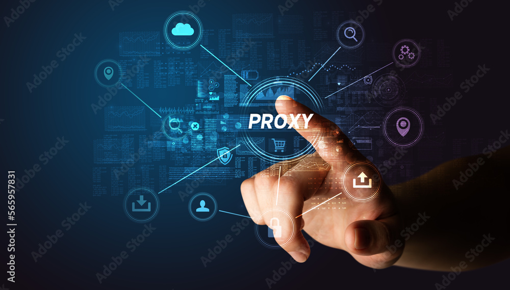 Poster hand touching cybersecurity button concept