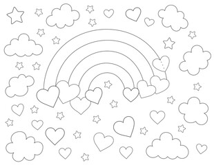 hearts and rainbow coloring page that you can print on standard 8.5x11 inch paper. black and white illustration