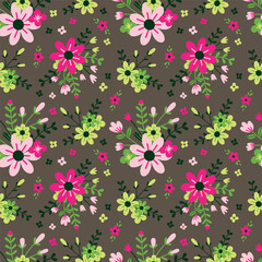 Seamless vector floral pattern in flat style on brown background. Ornament for fabric and wrapping paper with pink, green and yellow small flowers