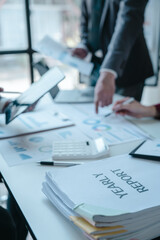 Team of businesspeople working with chart of accounts (COA) and balance sheet, stock market data, consulting asset accounts record any resources of company, anti bribery, error checking concept