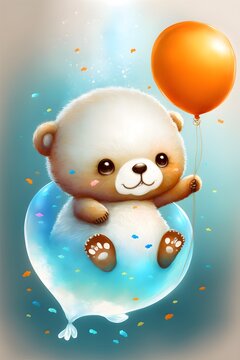 Drawing of lovely baby pet character in the cloud snow, generative ai, cute animal relax positions have fun and happy
