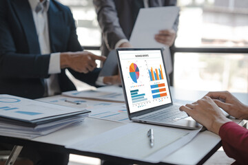 Team of businesspeople working with chart of accounts (COA) and balance sheet, stock market data, consulting asset accounts record any resources of company, anti bribery, error checking concept