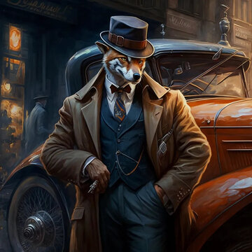 A cunning fox in a dapper pinstripe suit, leaning against a vintage car, a sly grin on his face