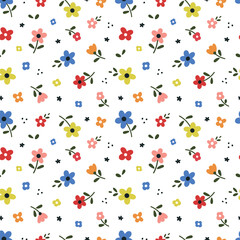 Seamless vector pattern with small and cute flowers, red, blue and yellow. A retro-style fabric ornament with small flowers