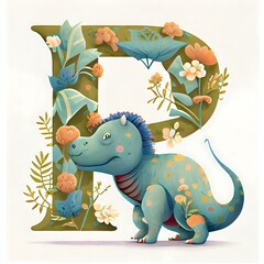 Cute letter A-Z illustration for childrens book with Dinosaur character, generative ai, colorful preschool illustration, round decorative graphic art for kids