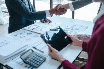 Team of businesspeople working with chart of accounts (COA) and balance sheet, stock market data, consulting asset accounts record any resources of company, anti bribery, error checking concept