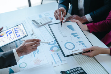 Team of businesspeople working with chart of accounts (COA) and balance sheet, stock market data, consulting asset accounts record any resources of company, anti bribery, error checking concept