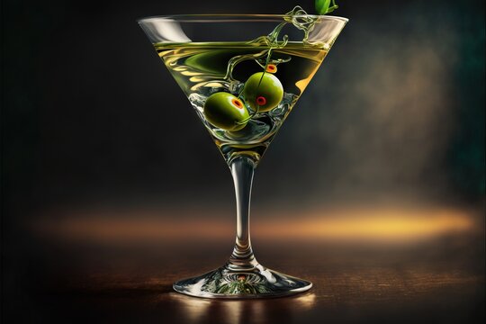  a glass filled with a green liquid and some olives on the rim of it, on a table with a dark background, with a green leafy stem.  generative ai