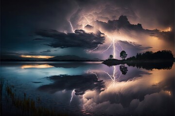  a lightning storm is coming over a lake at night time with a reflection in the water and a tree in the foreground with a reflection.  generative ai