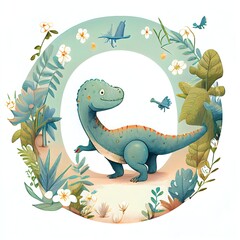 Cute letter A-Z illustration for childrens book with Dinosaur character, generative ai, colorful preschool illustration, round decorative graphic art for kids