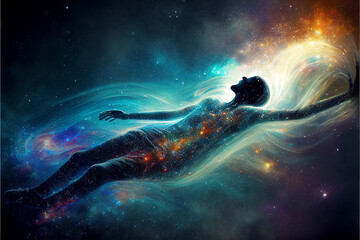 Human soul levitating in abstract space background. Astral body concept. Afterlife and connection with other worlds. Created with Generative AI