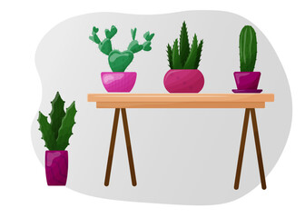Cartoon illustration of cacti that stand on the table. Simple vector illustration of indoor plants