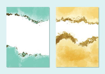 Light watercolor, alcohol ink with gold details background collection. Abstract hand-painted watercolor wet wash splash 5x7 Luxury wedding invitation card and Vip background template collection