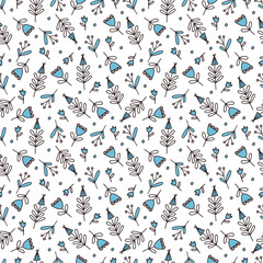 Seamless vector pattern in doodle style with small blue abstract flowers and twigs on a white background