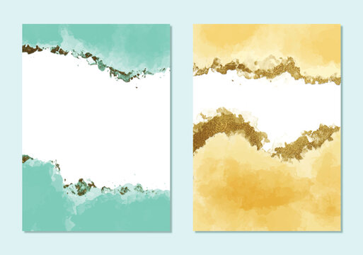 Light watercolor, alcohol ink with gold details background collection. Abstract hand-painted watercolor wet wash splash 5x7 Luxury wedding invitation card and Vip background template collection