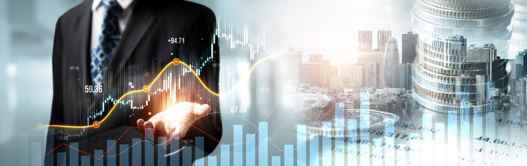 Businessman analyst working with digital finance business data graph showing technology of...
