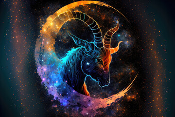 Capricornus zodiac sign against space nebula background. Astrology calendar. Esoteric horoscope and fortune telling concept. Created with Generative AI - obrazy, fototapety, plakaty