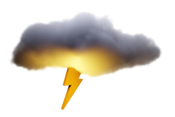 Cloud and lightning bolt isolated on transparent background. 3D rendering isolated dark cloud with glowing thunderbolt
