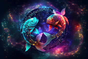 Pisces zodiac sign against space nebula background. Astrology calendar. Esoteric horoscope and fortune telling concept. Created with Generative AI