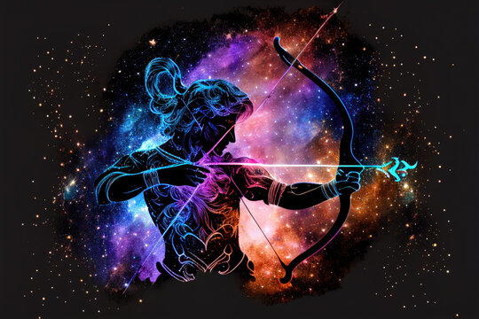 Sagittarius zodiac sign against space nebula background. Astrology calendar. Esoteric horoscope and fortune telling concept. Created with Generative AI
