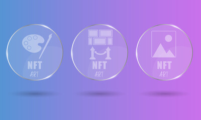 3D NFT token round transparent cards in cryptography. NFT cards with art. A non-fungible token with information from the blockchain. ERC20. vector eps 10
