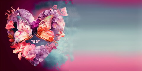 Watercolor double exposure heart with natural. Valentine's Day Banner. Generative AI.