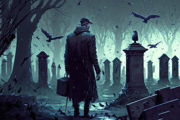 illustration painting of drunk man walking in a graveyard, digital art style. (ai generated)