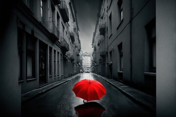  a person holding a red umbrella in the middle of a street in the rain in a city with tall buildings on either side of the street.  generative ai