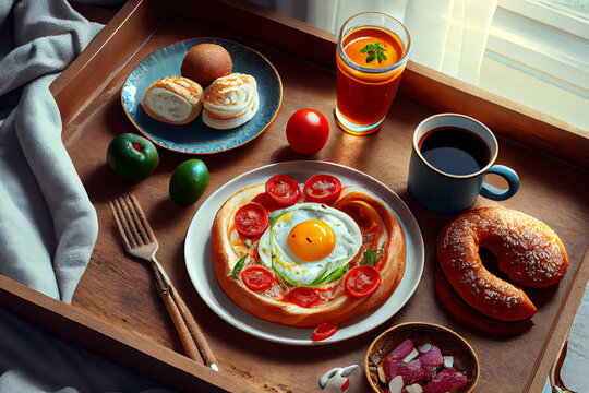 Turkish breakfast in bed with fried egg