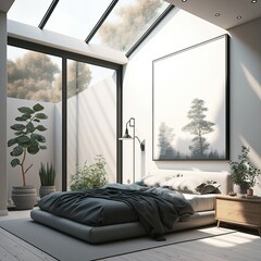 Modern interior design idea. Elegant, bright and spacious minimalistic bedroom. Hotel room illustration. Generative AI.