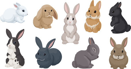 Vector set of cute rabbits in cartoon style. Decorative bunnies in different poses and colors. Isolated on white background