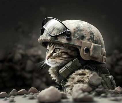 Cute Cat In Military Camouflage Uniform And Helmet