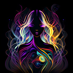 ILUSTRACION DE SILUETA DE MUJER DE FRENTE Y SU ENERGIA. IA GENERATIVA. COLOR. FONDO NEGRO