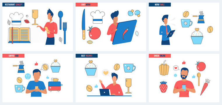 Chefs Menu In Restaurant, Bar, Coffee Shop Or Cafe Set Vector Illustration. Cartoon Tiny People Check Out Best Online Recipes And Order Food, Cook With Digital Or Paper Cookbook And Kitchen Utensils