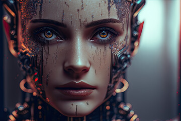 Portrait of a woman that use artificial intelligence with a neural network as mask