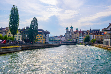 Fototapeta premium Scenic summer aerial panorama of the Old Town medieval architecture in Lucerne, Switzerland