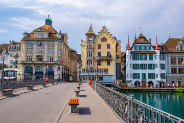 Fototapeta premium Scenic summer aerial panorama of the Old Town medieval architecture in Lucerne, Switzerland