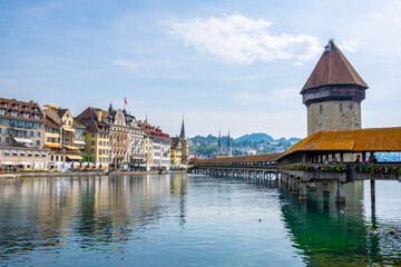Scenic summer aerial panorama of the Old Town medieval architecture in Lucerne, Switzerland