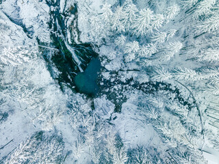 Aerial View of the Gollinger Wasserfall Waterfall in Winter in Golling, Salzburg, Austria © Thomas Schuetz