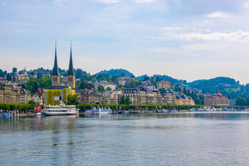 Fototapeta premium Scenic summer aerial panorama of the Old Town medieval architecture in Lucerne, Switzerland