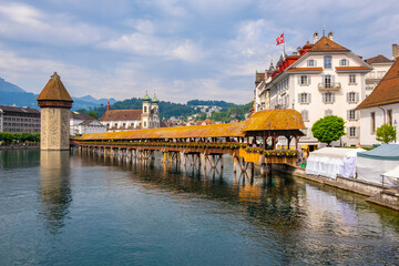 Scenic summer aerial panorama of the Old Town medieval architecture in Lucerne, Switzerland
