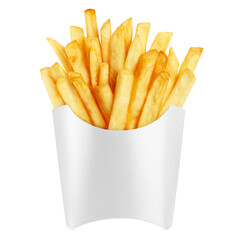Delicious french potato fries in white carton package box, cut out