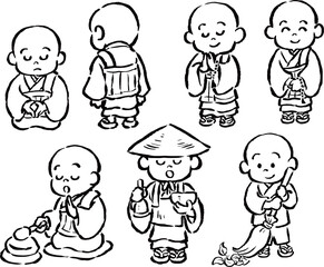 かわいい子供のお坊さんの手描きイラストセット　単色線画のみ　