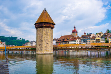 Scenic summer aerial panorama of the Old Town medieval architecture in Lucerne, Switzerland