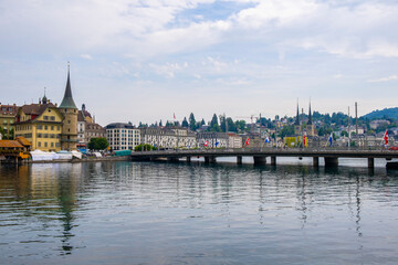 Scenic summer aerial panorama of the Old Town medieval architecture in Lucerne, Switzerland