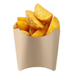 Delicious fried potato wedges in a brown carton package box, cut out