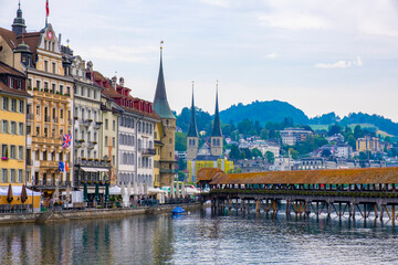 Scenic summer aerial panorama of the Old Town medieval architecture in Lucerne, Switzerland