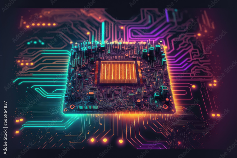 Aufkleber computer microchip semiconductor on motherboard futuristic cyber neon lighting. peculiar ai generati